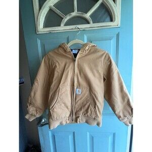 Carhartt Youth Hooded Canvas Jacket Size M 10-12 Tan Duck Quilt Lined